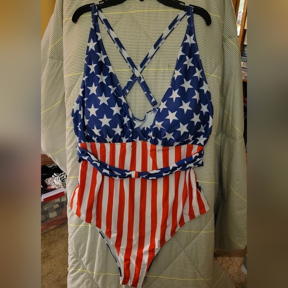 Shein American Flag One Piece Criss Cross Back Adj straps Bathing Suit 3XL